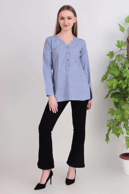 Light Blue Khadi Cotton Long Sleeve Tunic