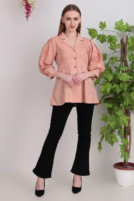 Women’s Khadi Cotton Puff Sleeve Peplum Shirt Top