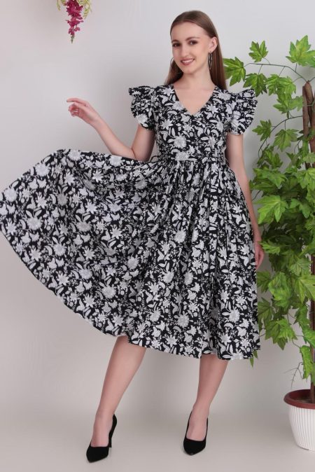 Women’s Black & White Floral Khadi Cotton Flared Dress