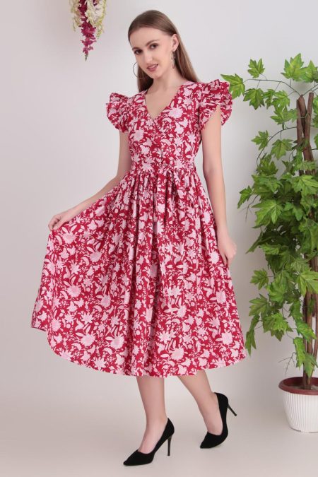 Women’s Red & White Floral Khadi Cotton Flared Dress